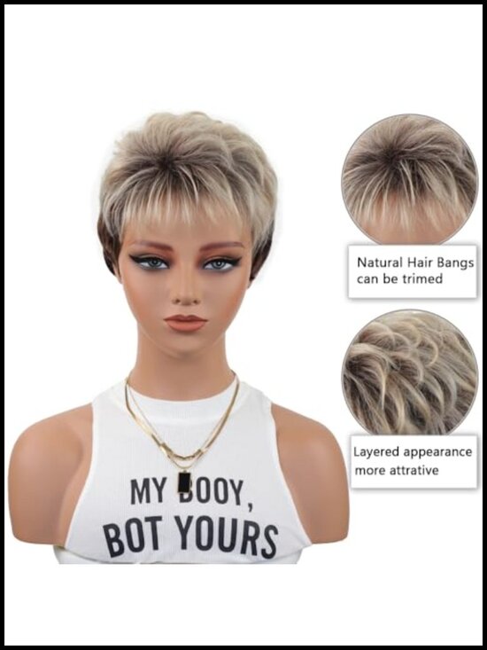 Short Blonde Pixie Cut Wig for Black Women, Layered Bangs, Synthetic Heat